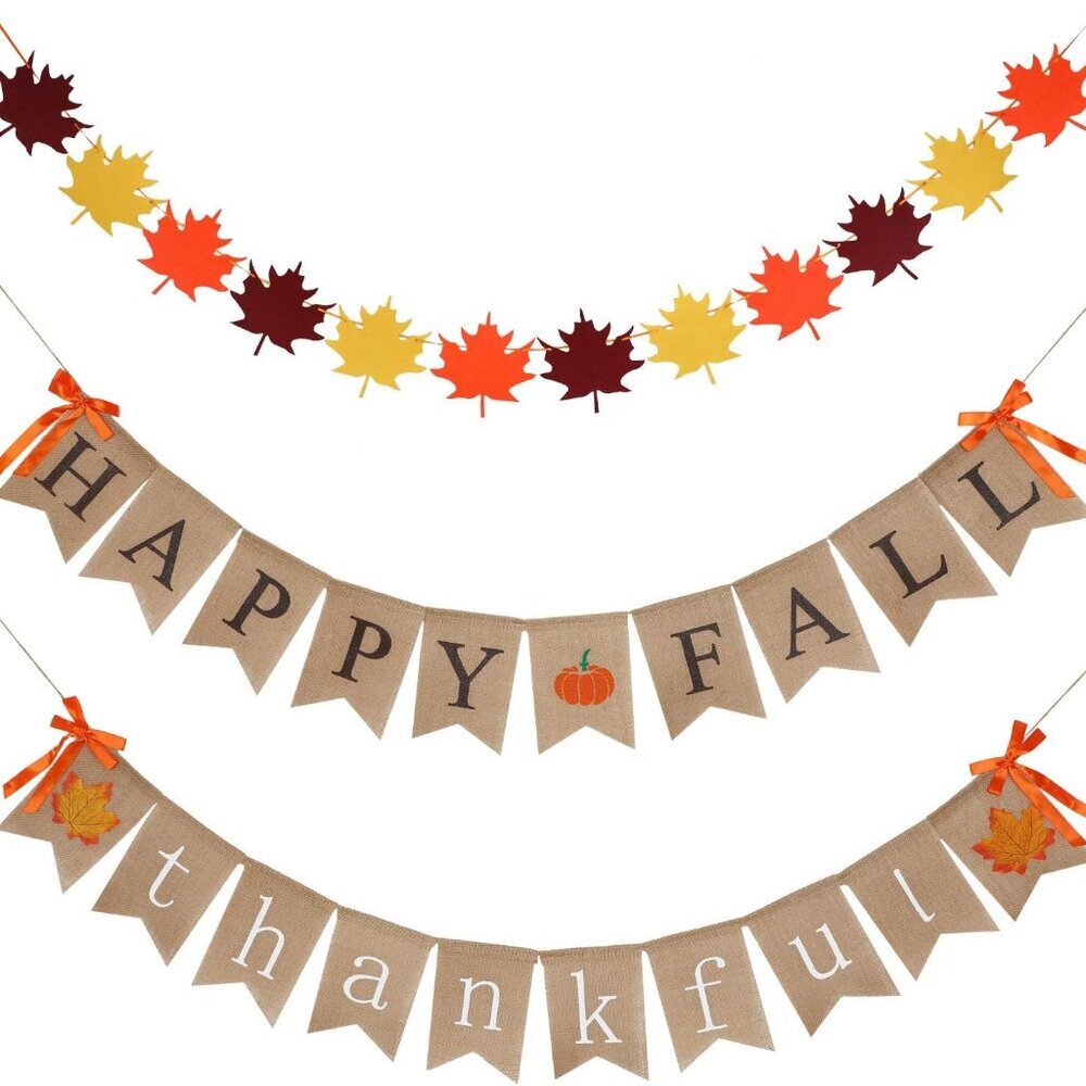 3 Pieces Thankful Banner Happy Fall Thanksgiving Mantle Banner Fall Felt Leaves